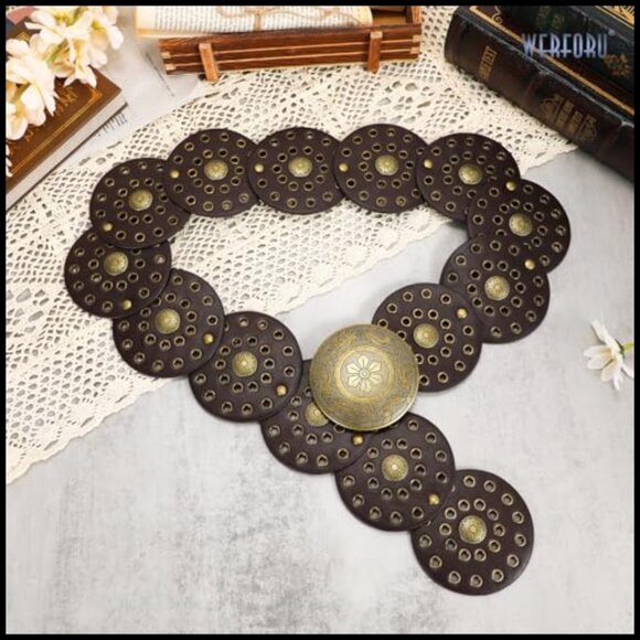 Western Wide Disc Leather Belt Boho Cowgirl Style Adjustable for Jeans Dresses main image 6